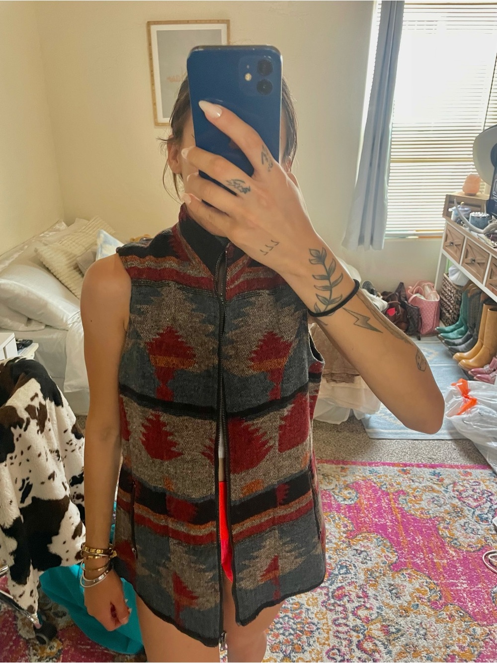 Sleeveless Aztec Knit Vest in Gray and Red